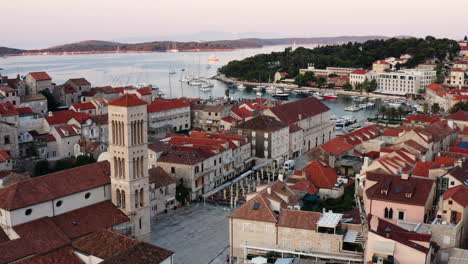 aerial view of hvar city in croatia at sunrise - drone shot