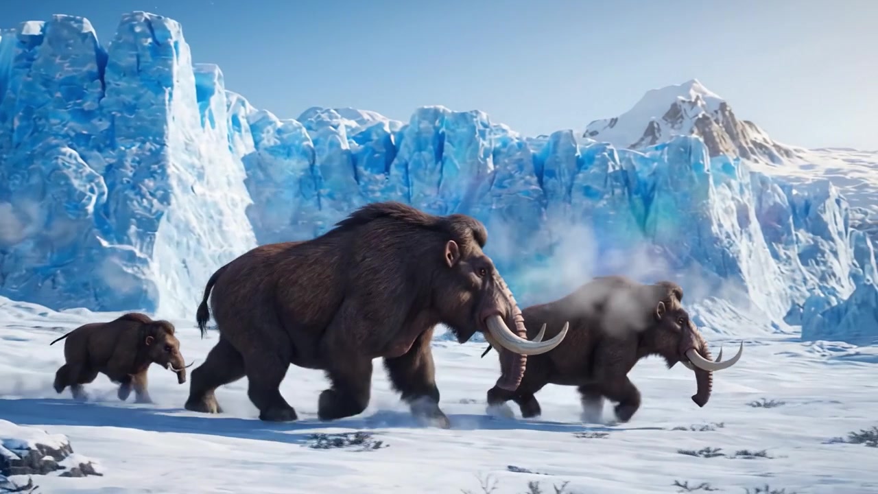 A family of mammoths traverses a vast icy landscape, showcasing their majestic presence against towering glaciers and snow-covered terrain under a bright sky.
