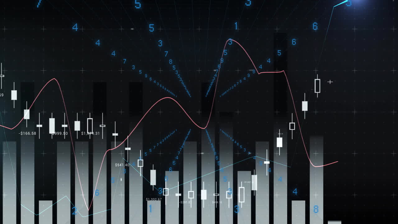 Bar and line graphs with numerical data and digital animation overlay