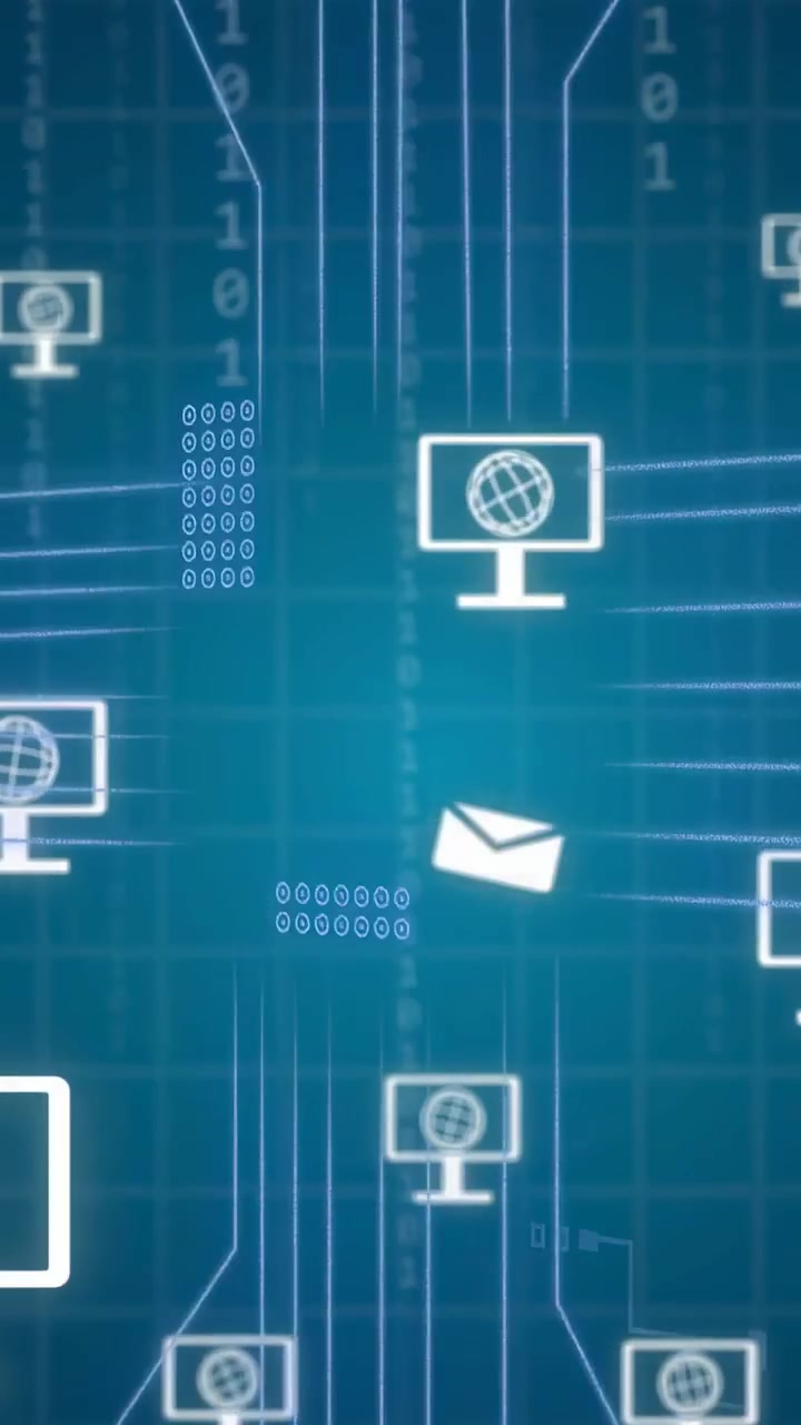 Vertical video: Sweeping grid lines starting network flow, white monitor scaling, mails floating