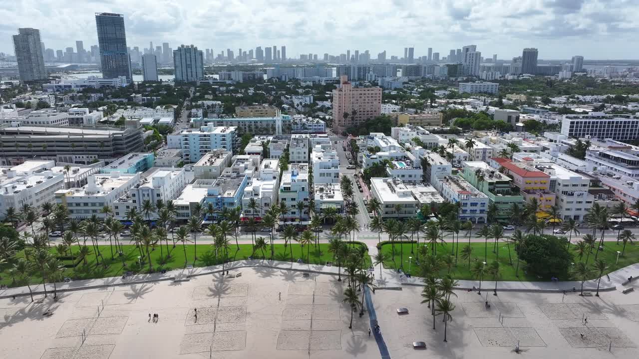 Aerial view of Miami Beach, Florida with skyline and beachfront buildings