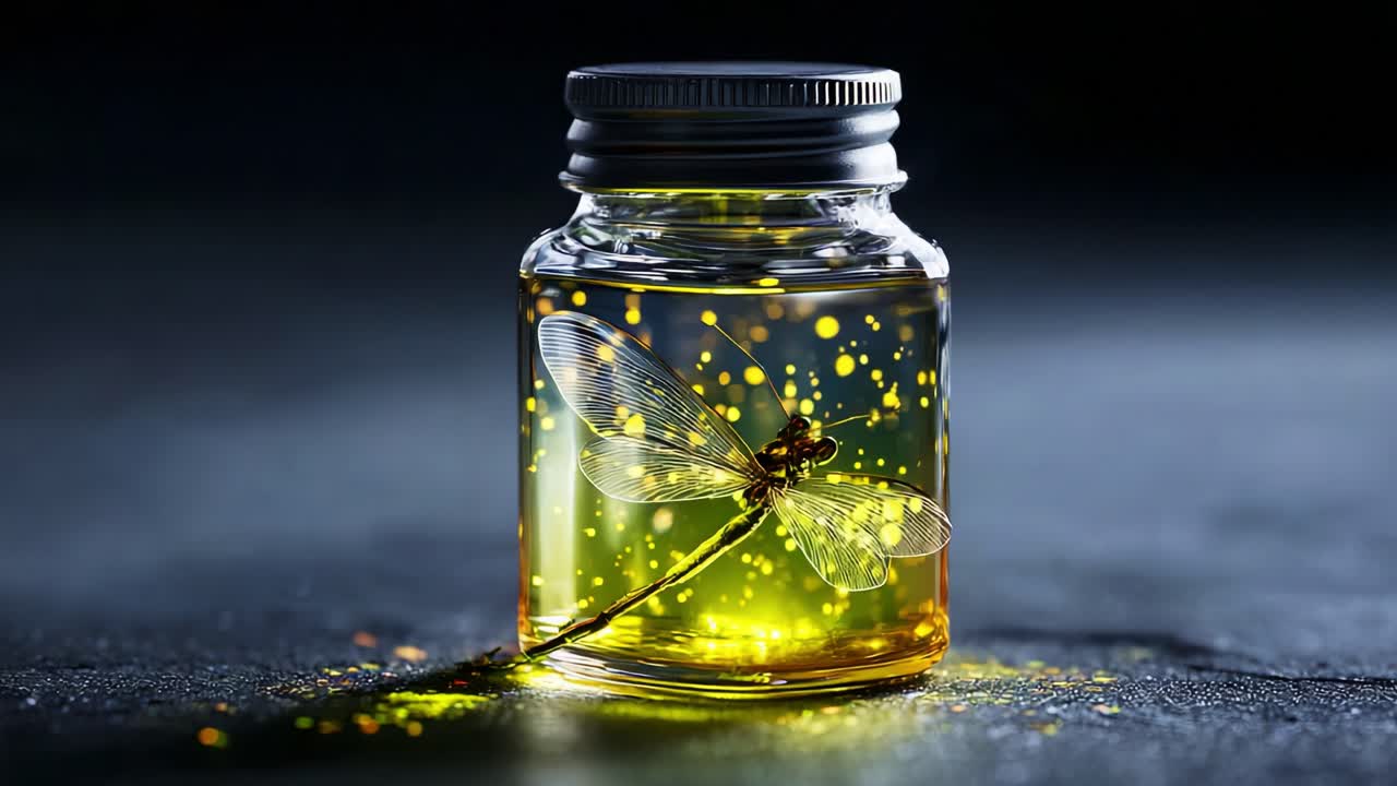 A captivating glass jar filled with shimmering golden liquid and an intricately detailed dragonfly suspended inside, creating a mesmerizing visual effect that's enchanting and magical