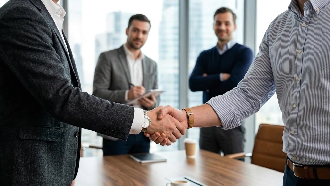 Empresários Apertando as Mãos Após Reunião de Sucesso em Escritório Moderno