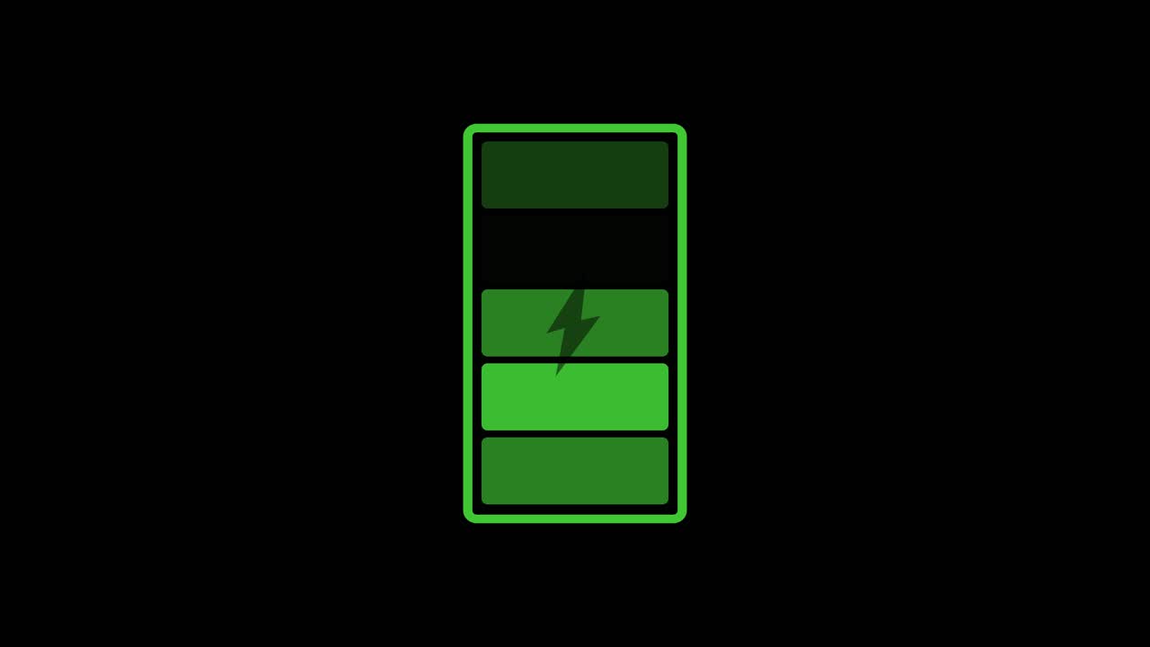 A seamless loop animation of a green battery charging icon, symbolizing energy, power and sustainability