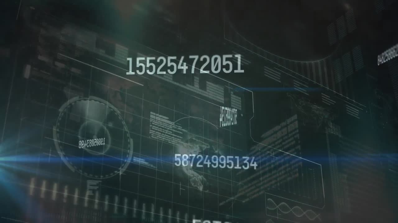 Animation of increasing numbers over globe, graphs, dna helix, loading bars on abstract background