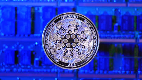 a cardano ada crypto currency coin hovering over a mining rig of computer chips and electric energy passing through