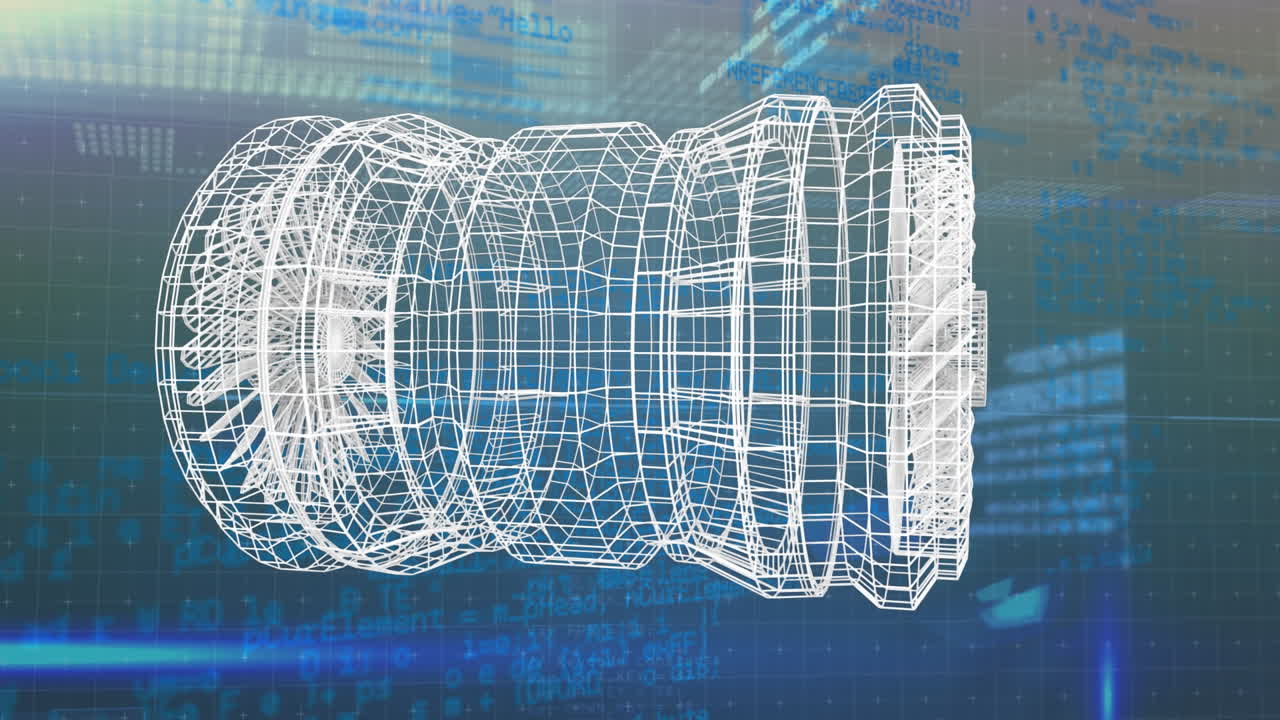 베이지색과 파란색 공간에서 데이터 처리 위에 회전하는 터빈 프로젝트의 애니메이션