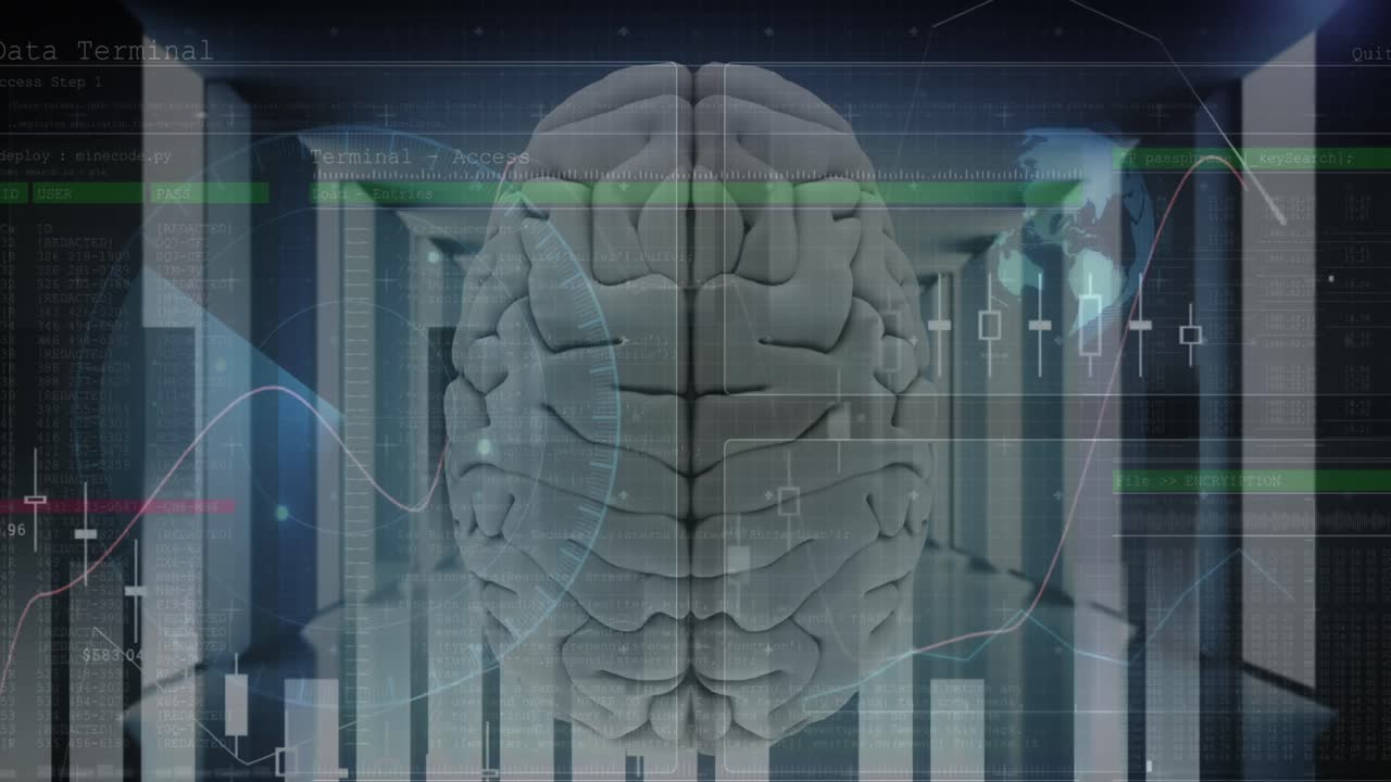 Animation of data processing and scope scanning with digital brain over server room