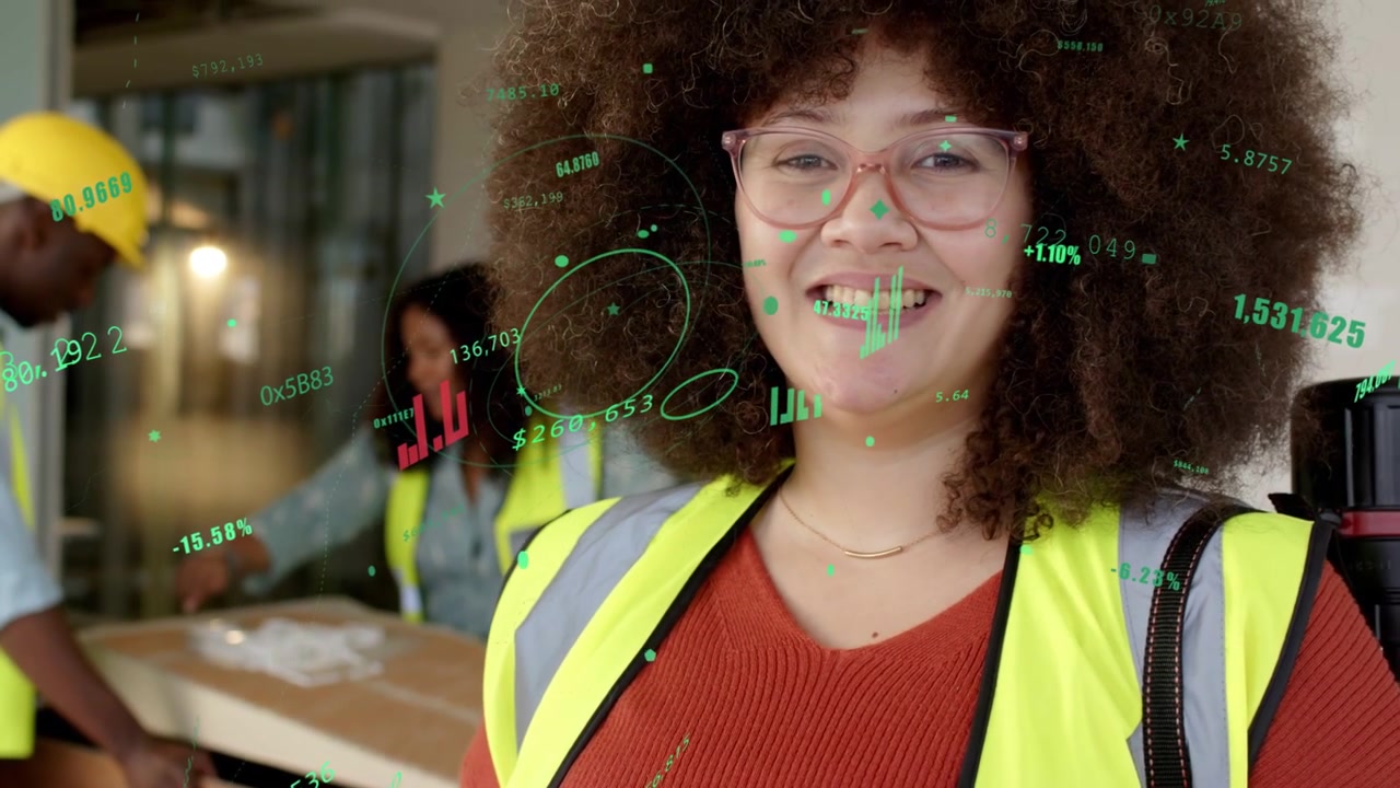 Coordinator tapping tablet, causing green data overlays while directing construction crew smiling