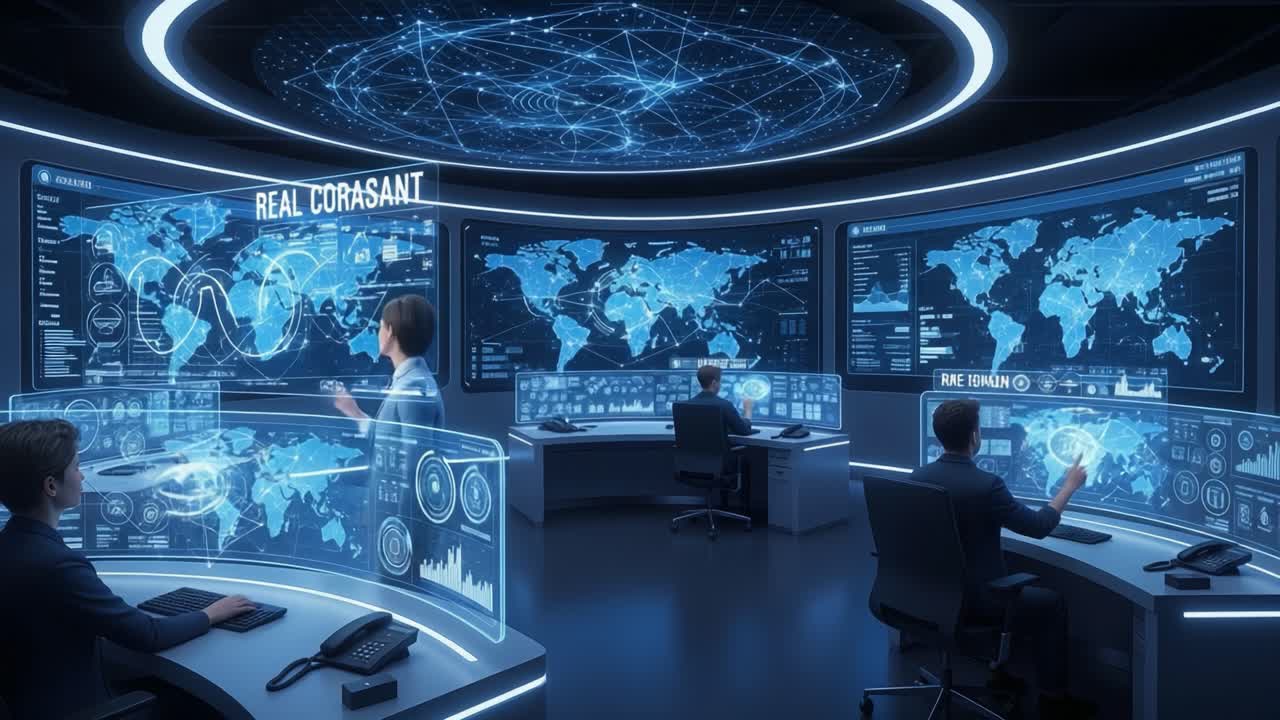 Advanced Command Center with High-Tech Workstations and Global Data Visualization, Featuring Interactive Displays for Enhanced Situational Awareness and Decision Making