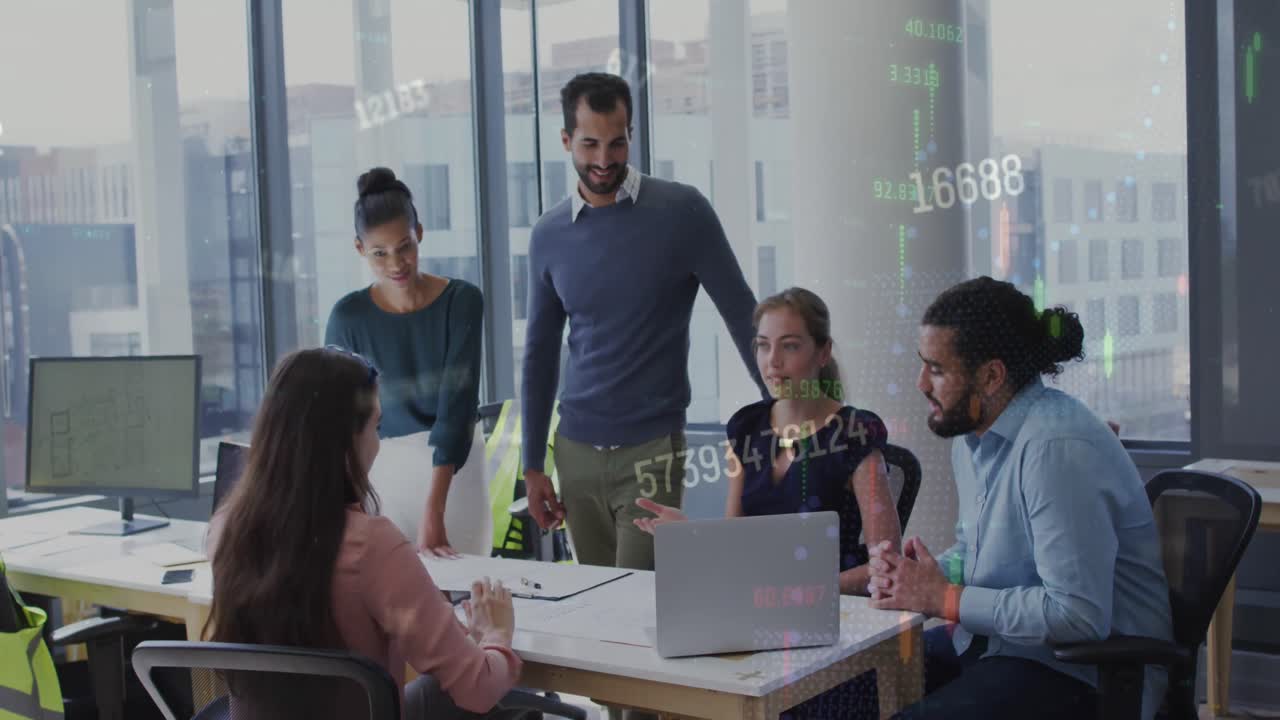 Animation of financial data processing over diverse business people in ...
