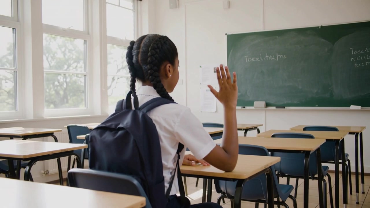 Raising girl in uniform lifting right hand in classroom, answering teacher question with backpack