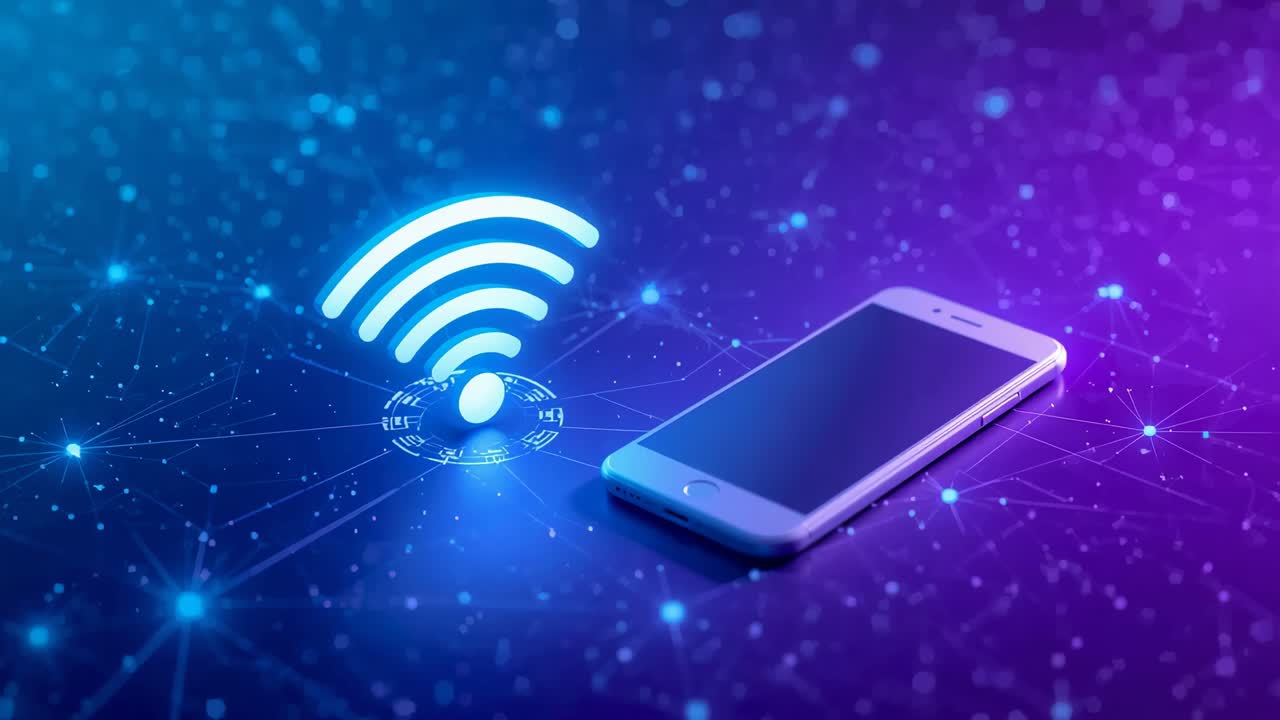 Emitting hub glow, wifi icon and phone exchanging data, forming link on reflective grid with nodes