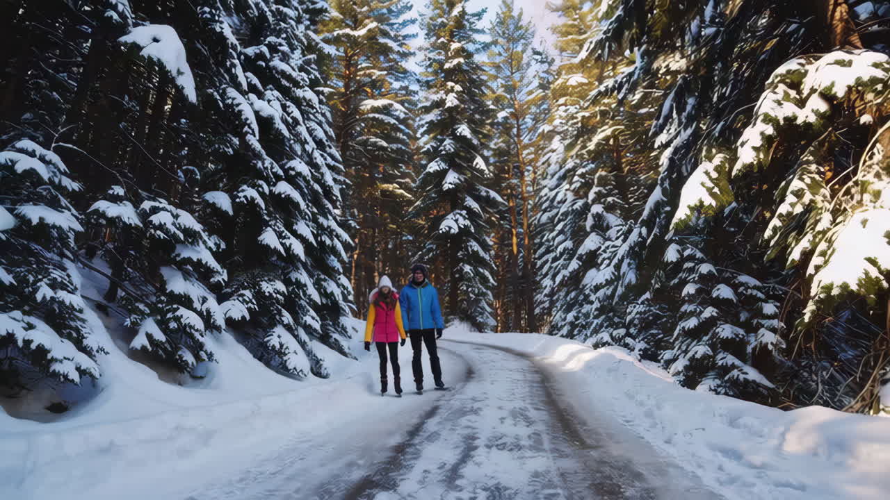 Couple enjoying a winter walk in a snowy forest