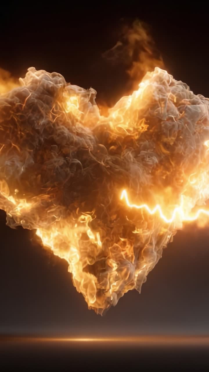 Uno spettacolo accattivante di fuoco a forma di cuore: fiamme dinamiche e fumo formano un incantevole simbolo d'amore in una sbalorditiva trasformazione visiva