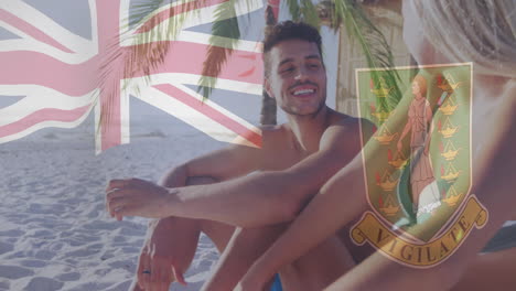 Union-Jack-and-Montserrat-coat-of-arms-animation-over-people-relaxing-on-beach