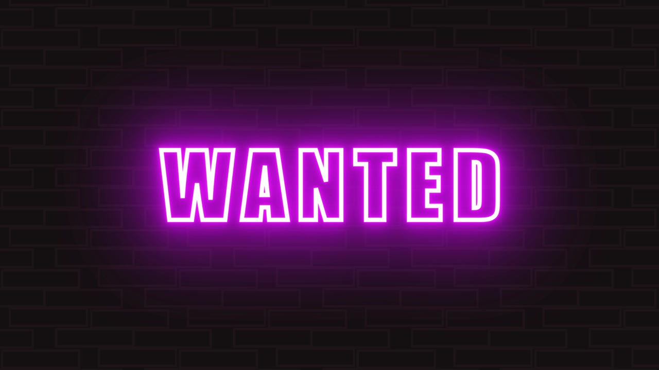 Animazione di testo "wanted" colorata e luminosa al neon, isolata su sfondo nero.