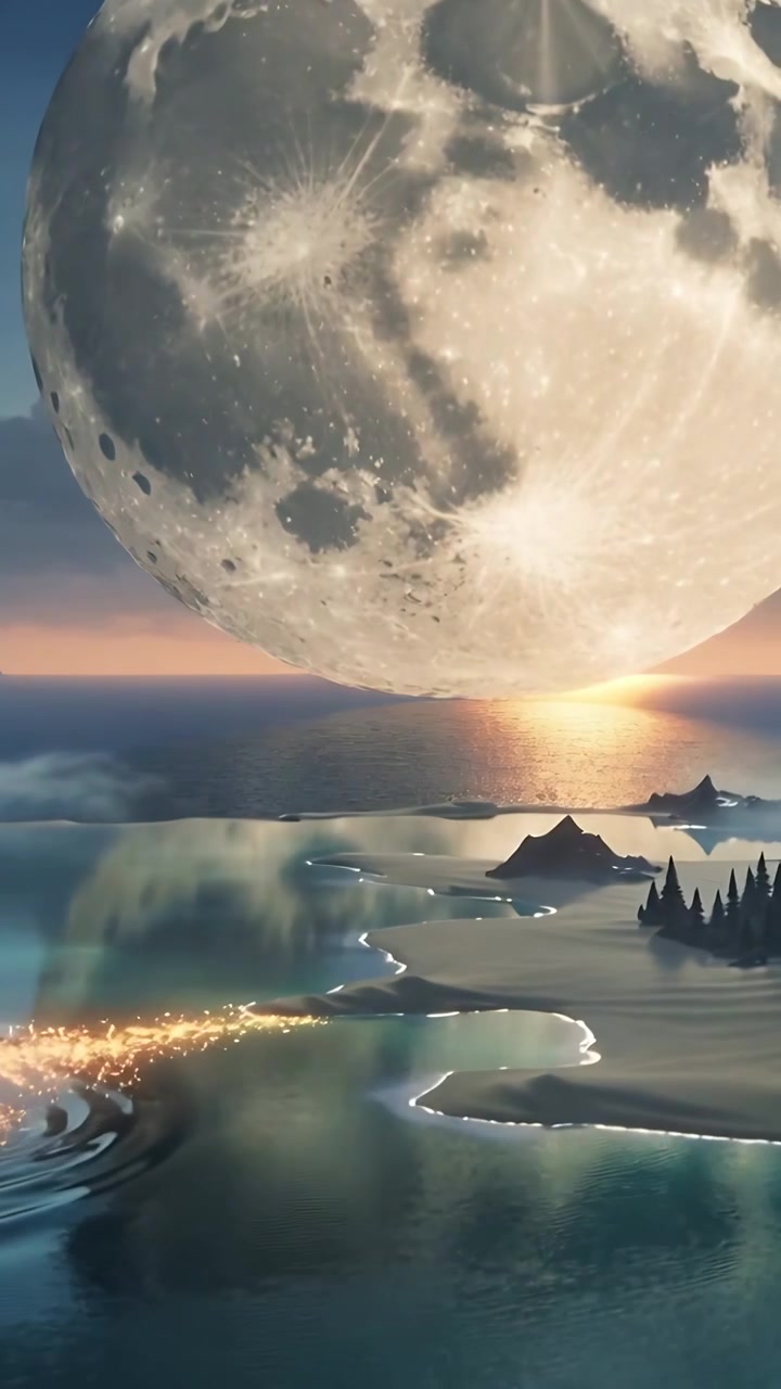 Video verticale: Bagliore d'impatto che erutta sull'acqua, inviando una scia dorata verso la spiaggia, con una luna gigante che incombe.