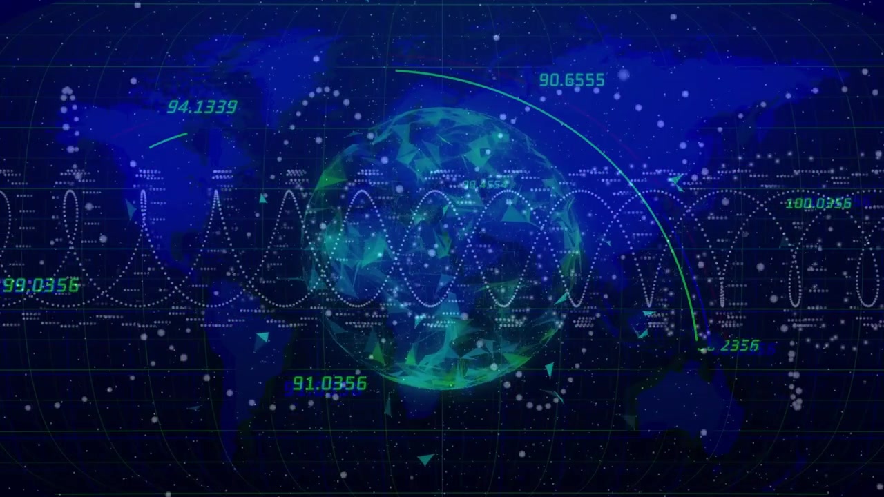 Central glowing globe pulsing while live data updating waveform, numeric tags, sweeping data arcs