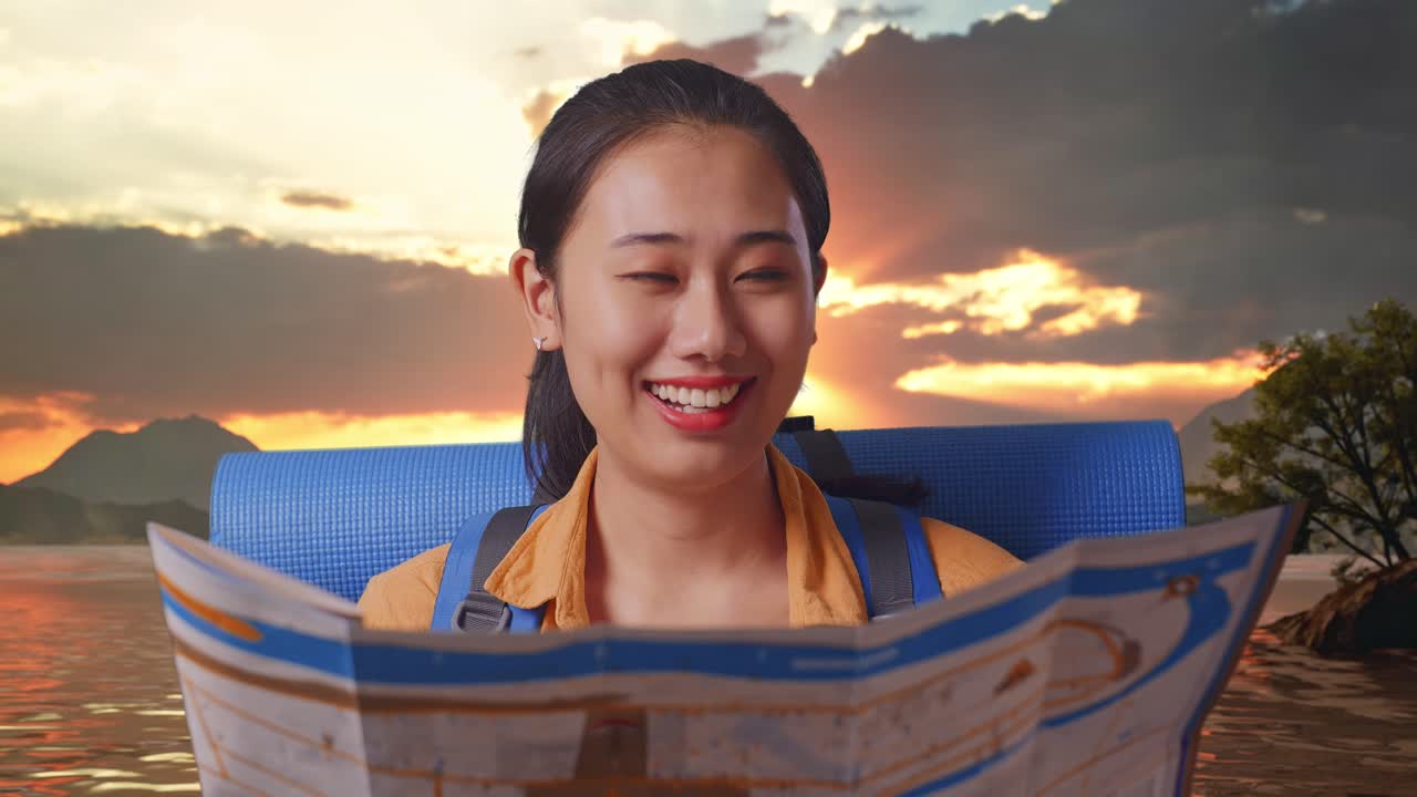 Happy Woman Looking at Map During Sunset Hiking Trip