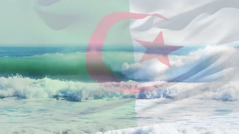 Animation-Der-Flagge-Algeriens,-Die-über-Wellen-Im-Meer-Weht