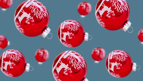flying red white  ball, christmas tree toy of different diameters move to the center on trending blue background (horizontal, not loopable) in 4k uhd footage