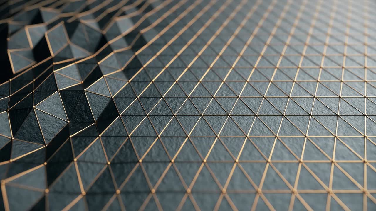 abstracto bucle sin costuras cg baja superficie negra poligonal. líneas triangulares geométricas. fondo de tecnología de renderización de movimiento 3d. segmentos de triángulo. telón de fondo de lujo. líneas de marco de alambre de neón dorado