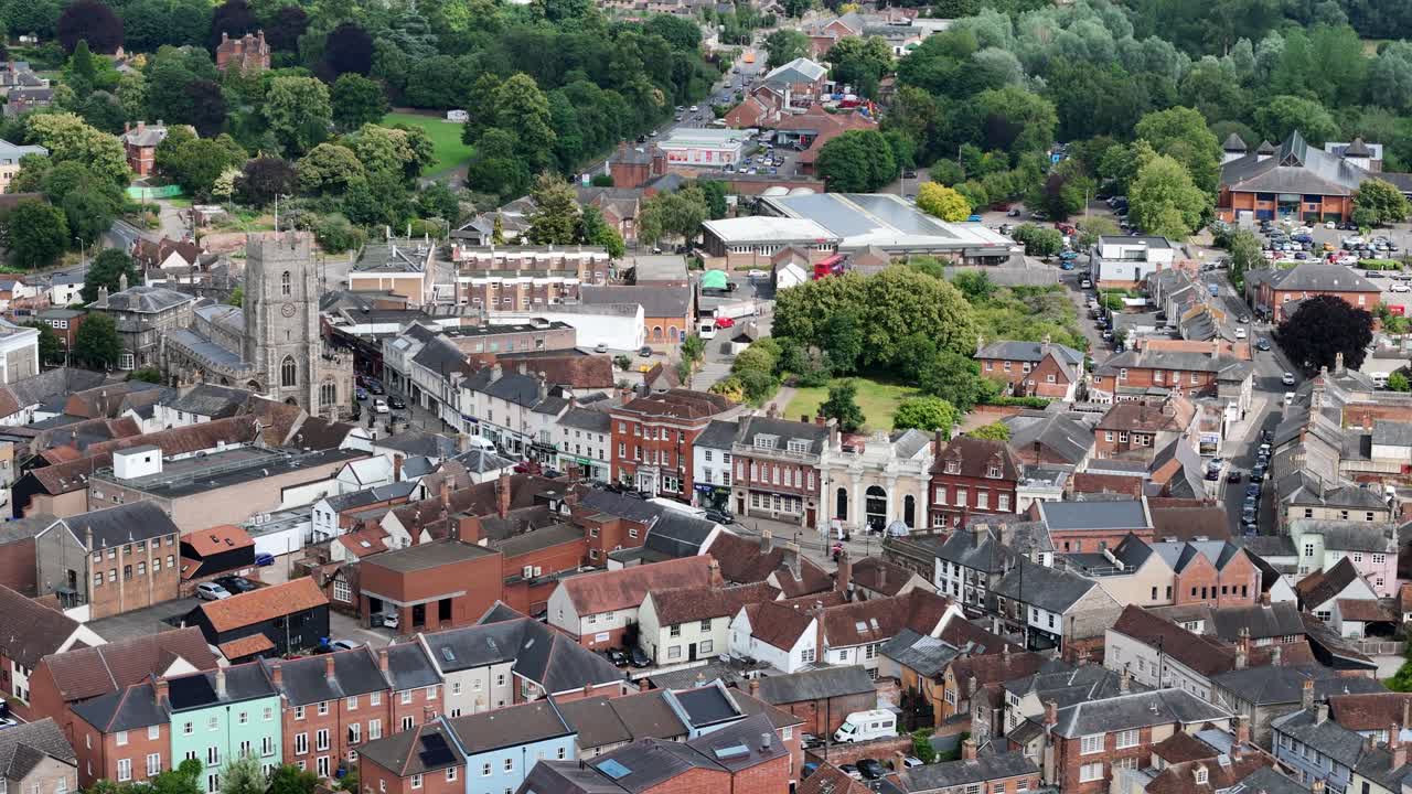 Sudbury high street Suffolk UK drone,aerial pan 4K footage