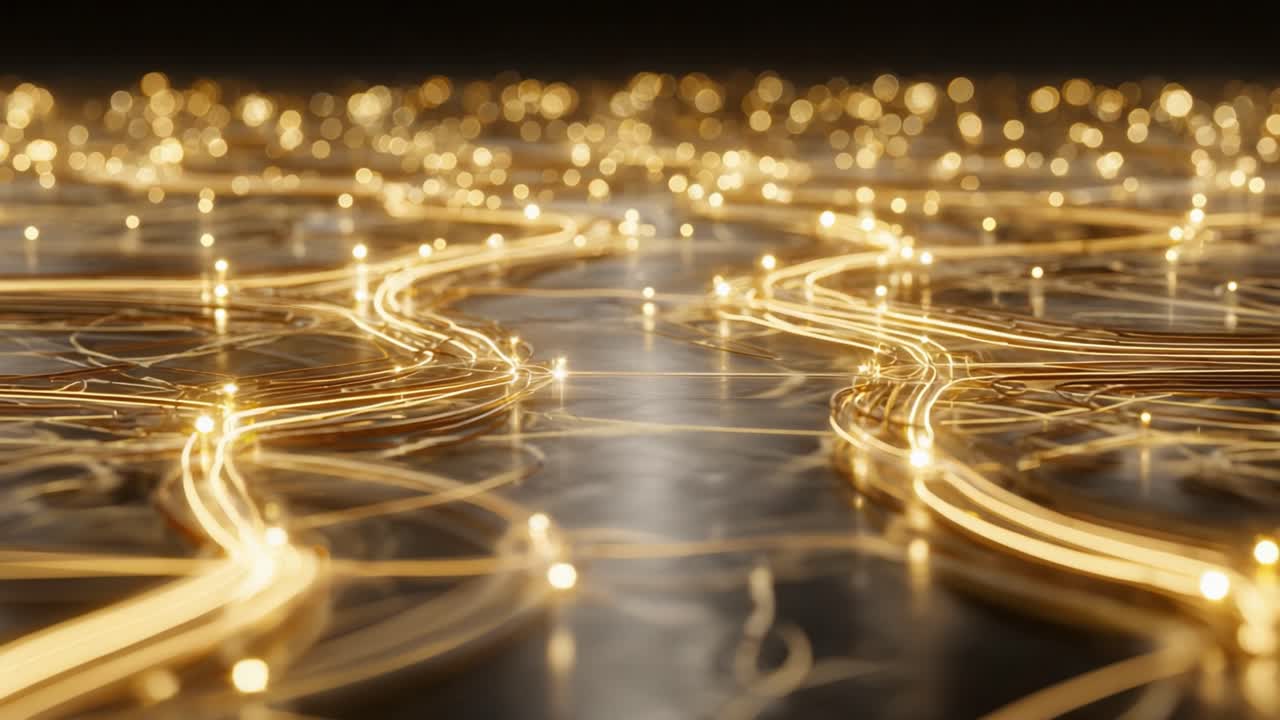 Abstract golden light trails representing fiber optic cables transmitting data across a dark, reflective surface, symbolizing internet connection, communication technology, and information flow