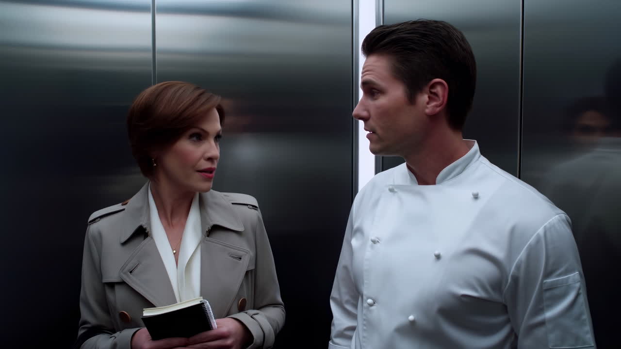 Chef And Executive In Elevator Holding Notebook, Stainless Steel Walls, Subtle Tension, Muted Lighting,