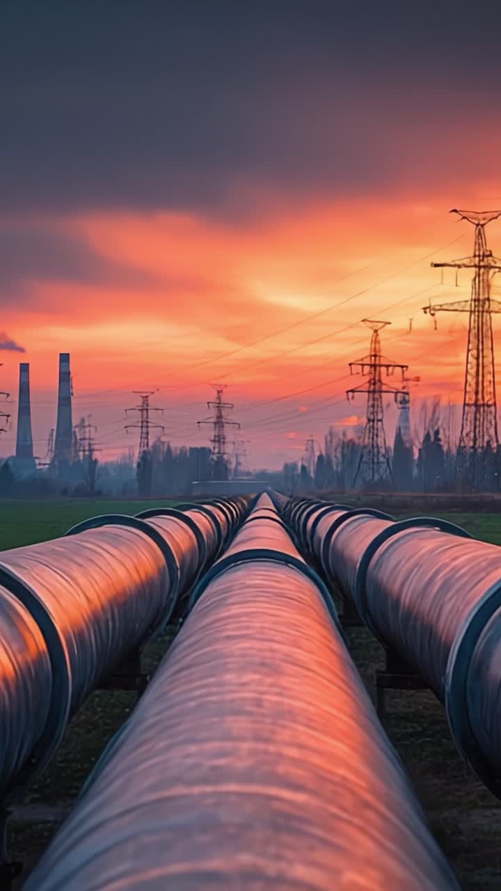 Una vista impresionante de oleoductos industriales al atardecer, mostrando la convergencia de la naturaleza y la infraestructura con líneas eléctricas en el fondo.