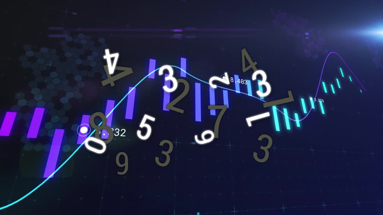 Animating futuristic chart showing purple cyan bars and glowing line graph sliding over hex grid