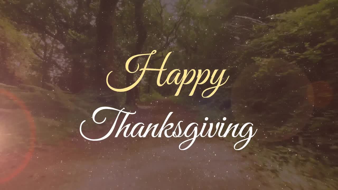 Animazione di un banner di testo "Happy Thanksgiving" e bagliori di luce su sfondo di vista di una foresta.