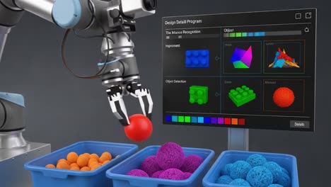 a robotic arm utilizing advanced object recognition to sort colorful spheres and textured shapes, demonstrating automated sorting technology in action