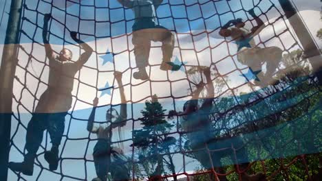 animation of flag of honduras over diverse male soldiers during training