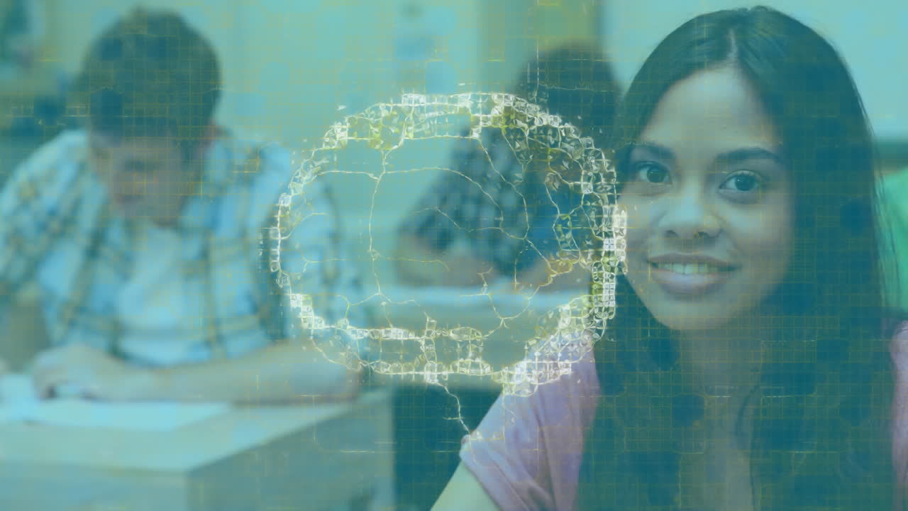 animación del cerebro girando sobre una estudiante sonriente