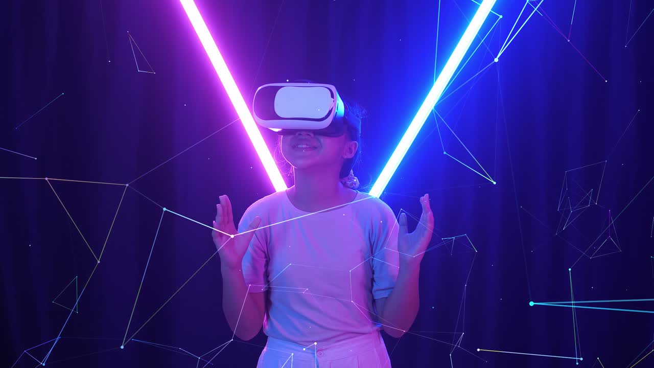 Vr, Futuristic, Entertainment Concept. Excited Asian Young Girl Using Virtual Reality Headset With Neon Light At The Background