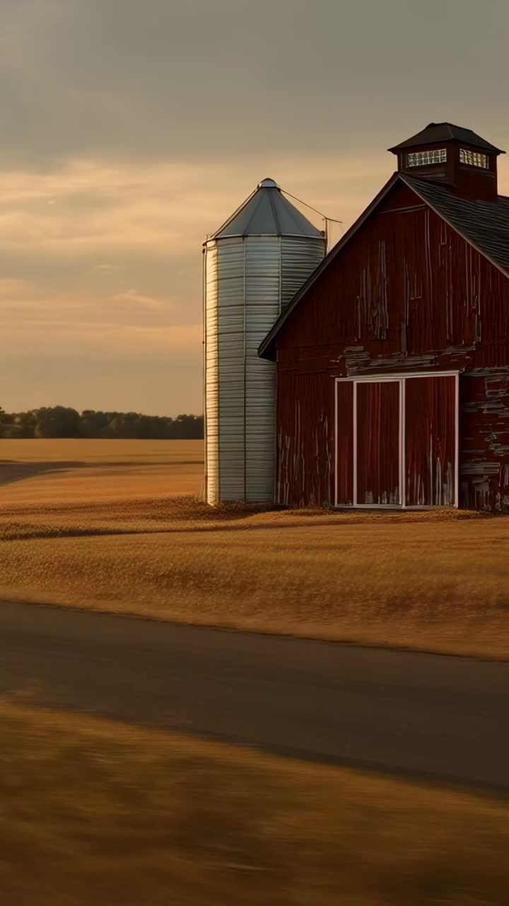 Vertical video: Panning camera past red barn and silo on rural road revealing detail, copy space