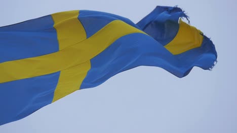 the swedish flag flying high and proud from heavy winds from the sea