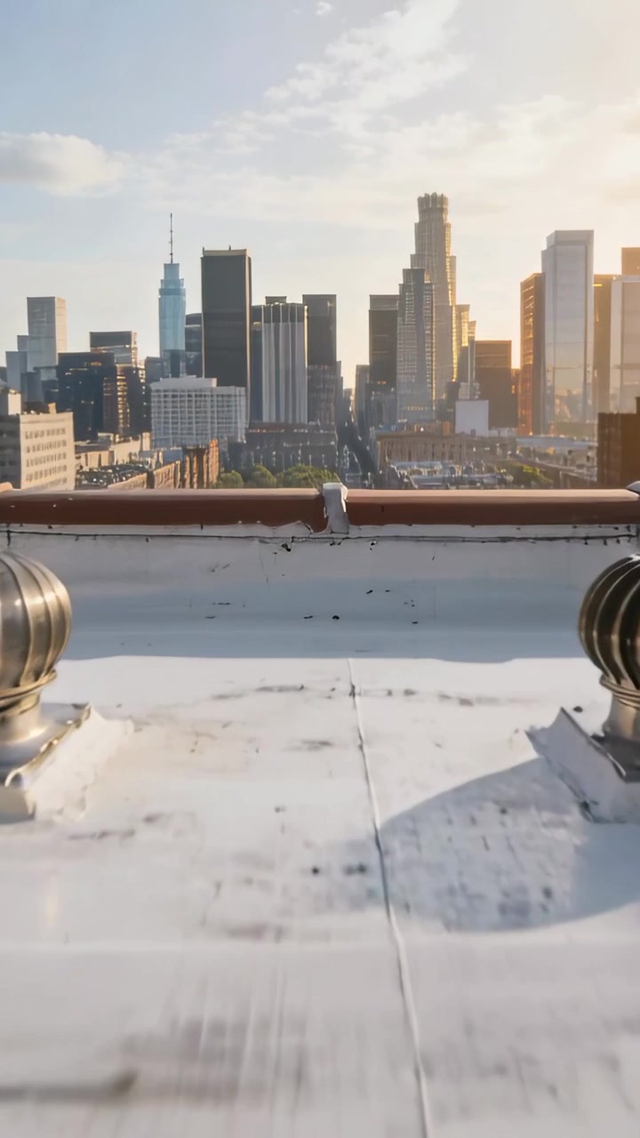 Vertical video: Pushing camera from vents forward along flat roof toward parapet showing skyline