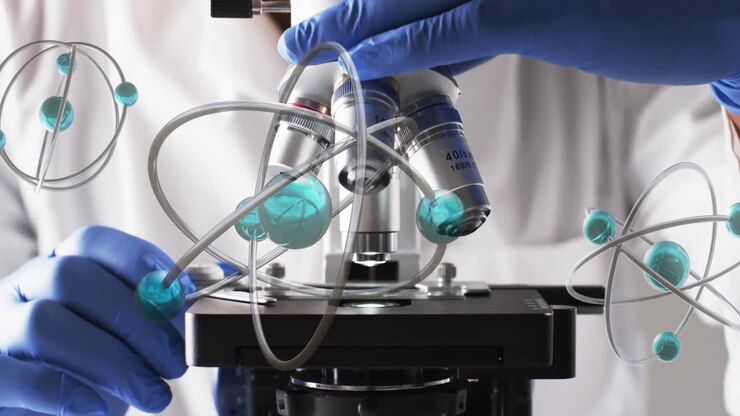 Animation of molecules chemical structures over scientist using laboratory microscope