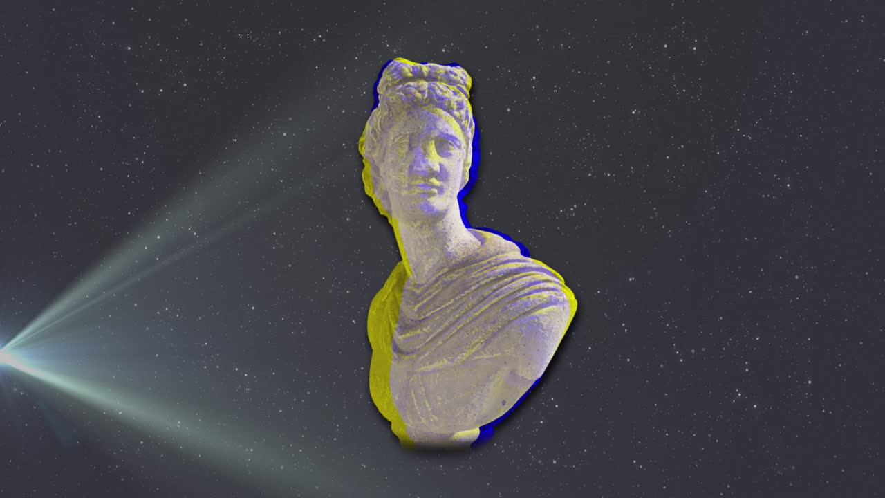 animación de interferencia sobre la escultura con rastros de luz y manchas en fondo negro.