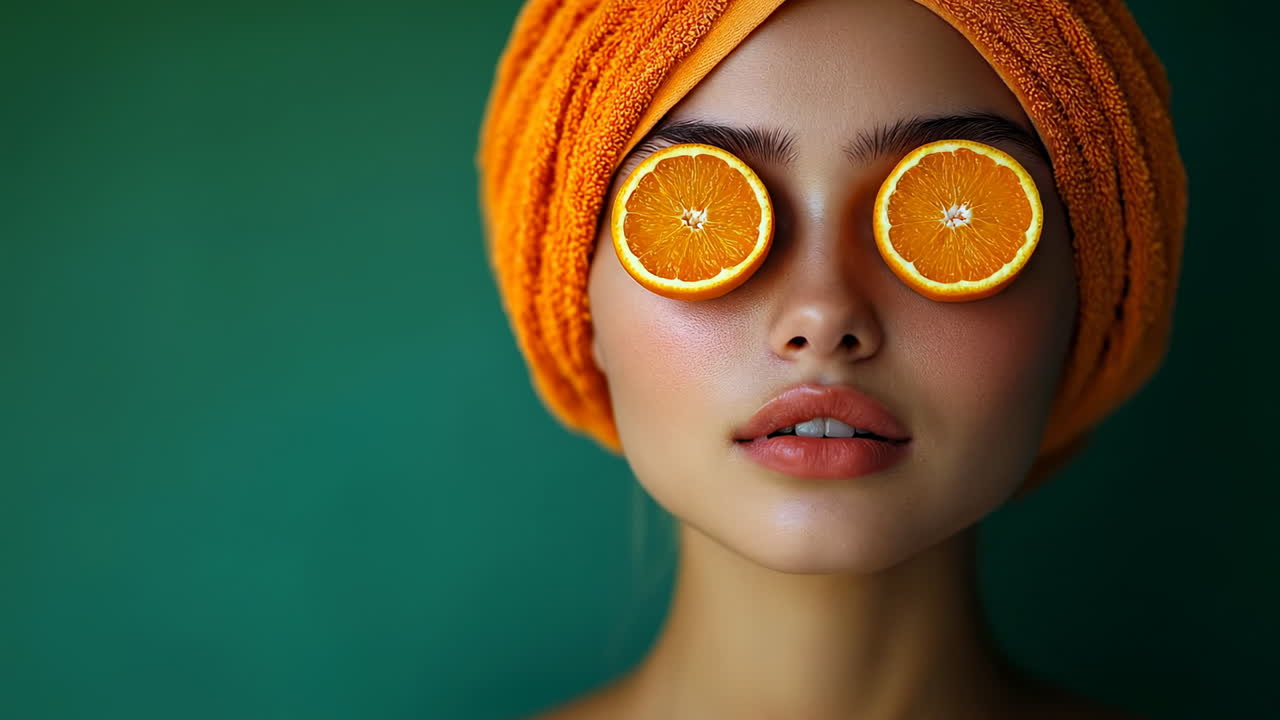 Relaxation with citrus during spa time. A woman enjoys a spa day with orange slices on her eyes, wearing a bright towel
