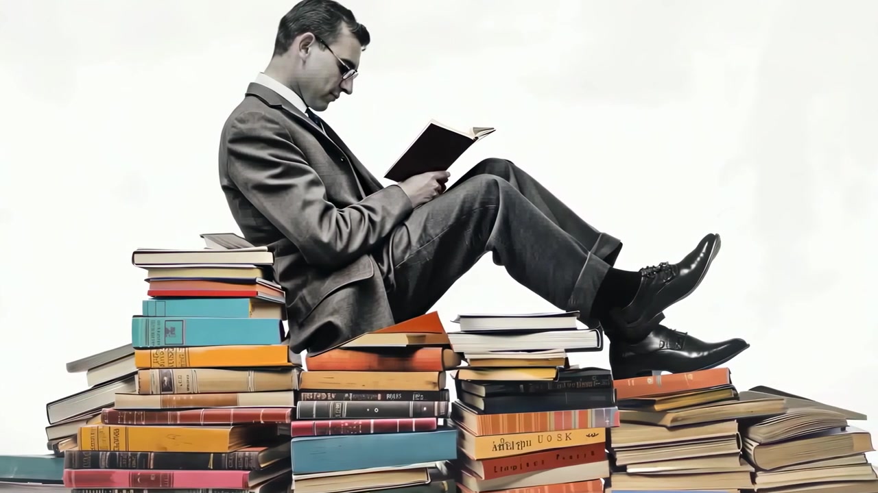 Vintage Man Reading Book on a Stack of Colorful Books