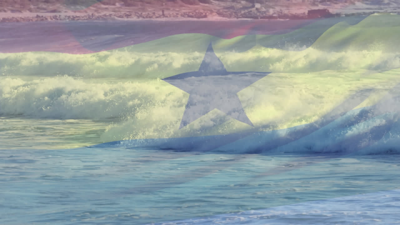 animación de la bandera de ghana soplando sobre las olas en el mar