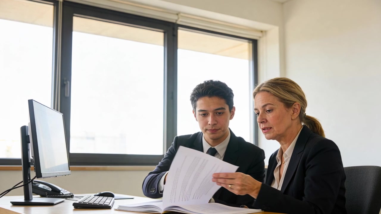 Manager in abito elegante che indica e guida un junior, sfogliando pagine e rivedendo documenti in ufficio con un PC