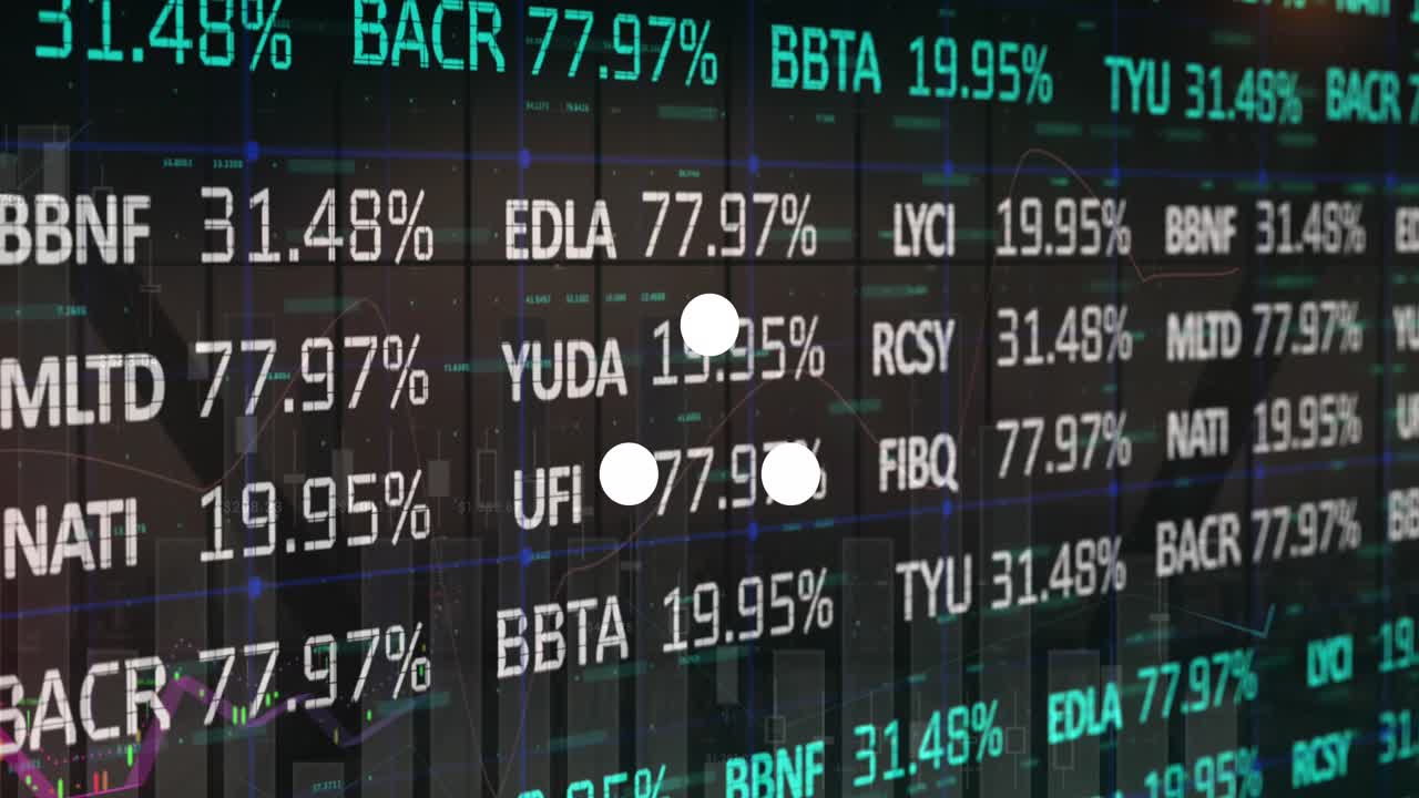 Animation of white spots and stock market over finacial data processing