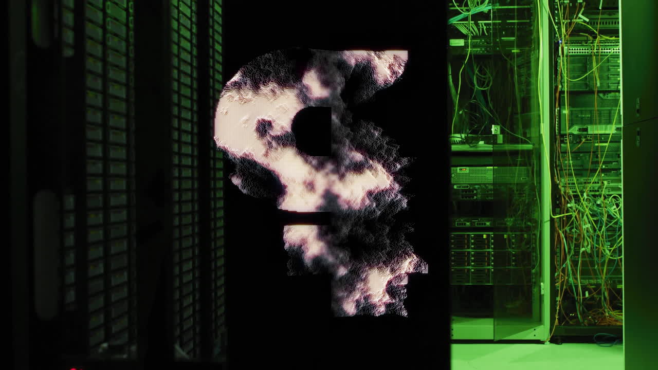 animación de computación en la nube sobre racks de servidores en el centro de datos