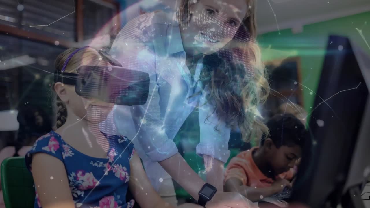 animación del globo sobre diversos escolares con el maestro usando auriculares vr