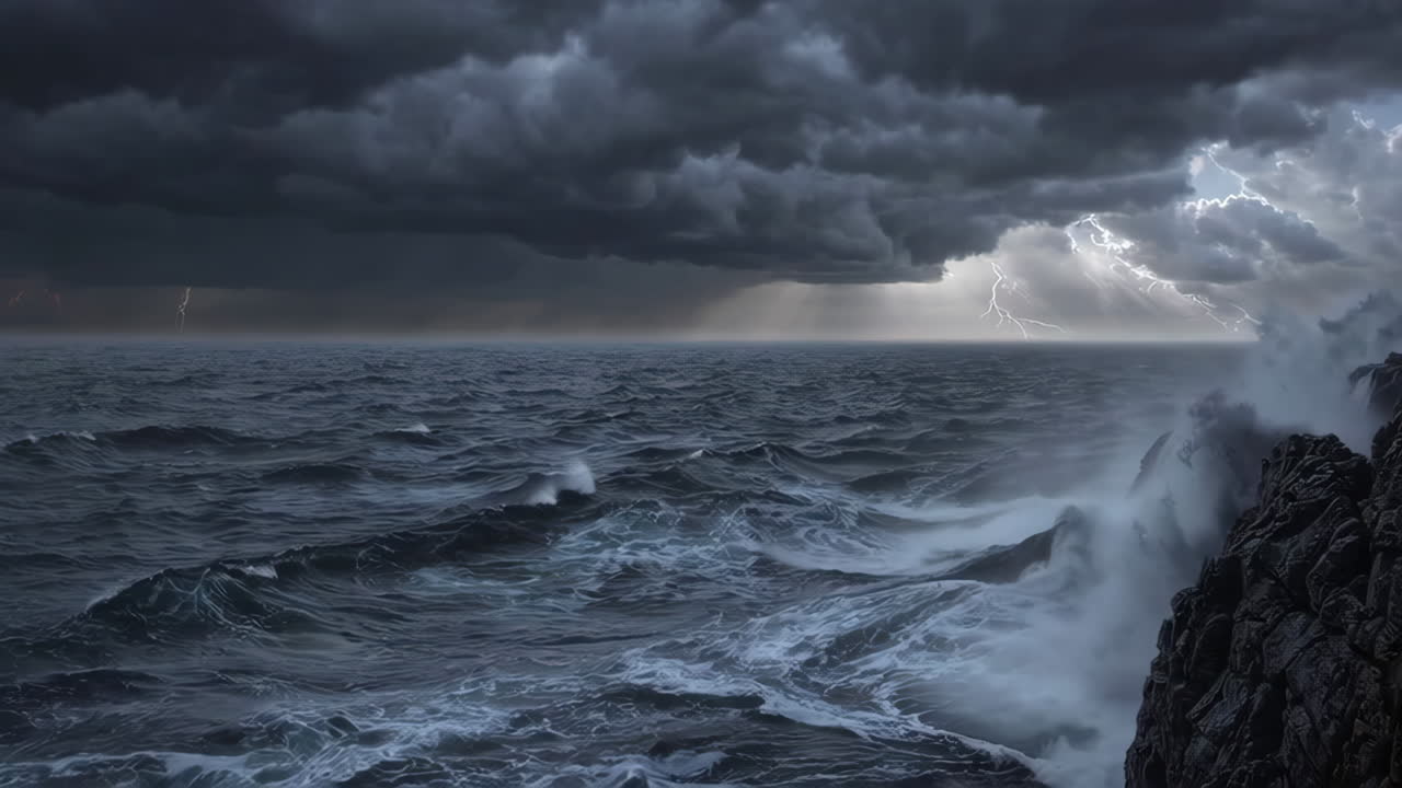 Stormy Ocean with Lightning and Waves